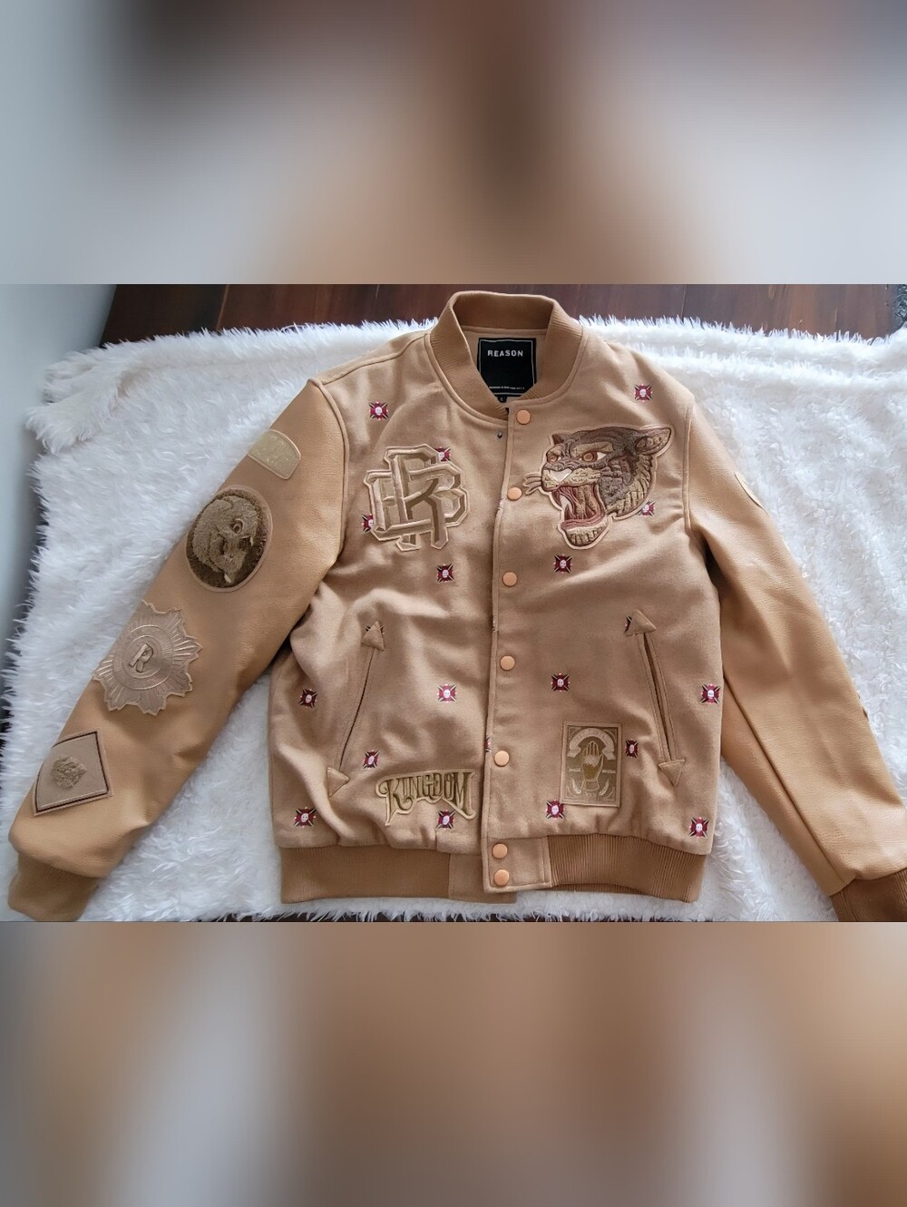 EUC Reason Tan Embroidered Varsity Jacket with Tiger Patch